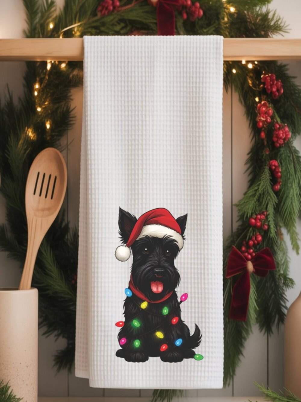 Scottish Terrier Christmas Lights Decorative Kitchen Tea Towel